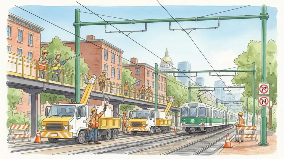 MBTA maintenance crews working on overhead catenary wire system along Green Line tracks, showing infrastructure upgrade work in progress