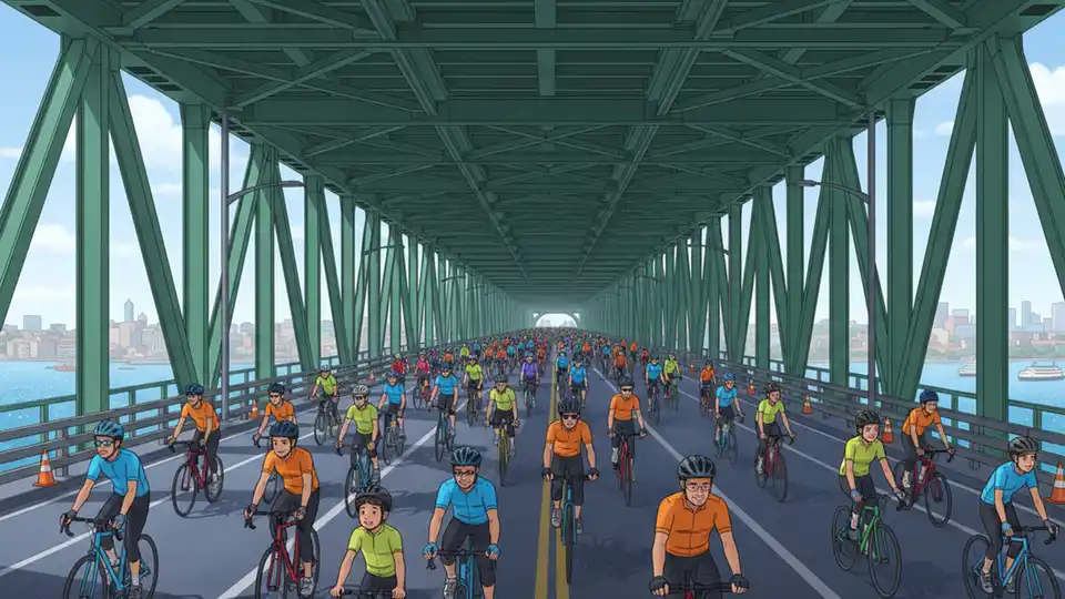 Verrazzano-Narrows Bridge lower level roadway with cyclists during Five Boro Bike Tour event closure