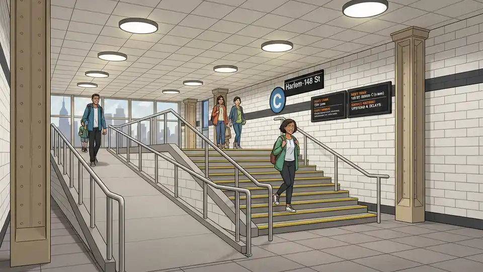 Close-up of eight-foot-wide staircase adjacent to accessibility ramp at Harlem-148 St station, showing new LED lighting fixtures and customer information screens mounted on station walls