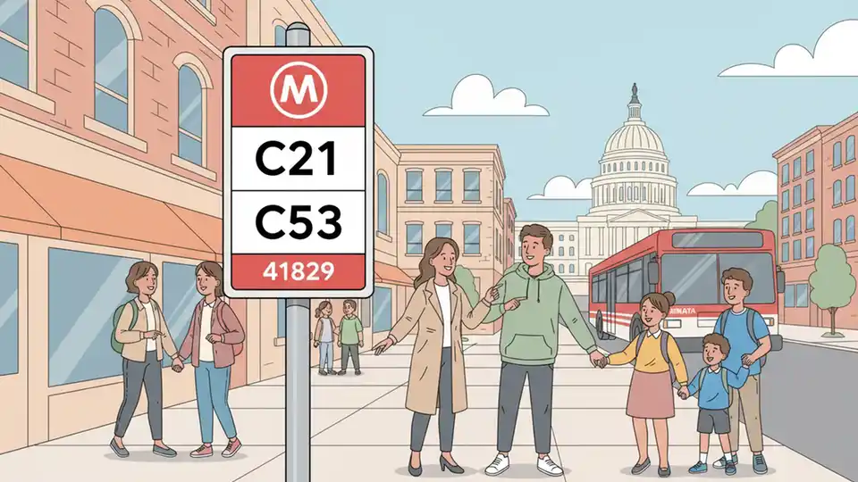 Close-up of WMATA bus stop sign showing route C21 and C53 numbers with stop ID information, urban transit infrastructure