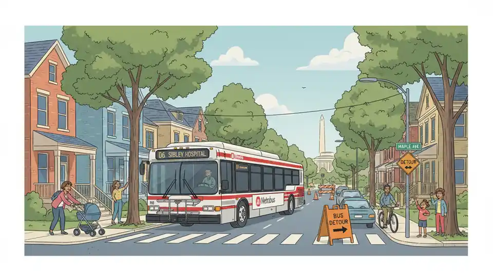 WMATA bus navigating detour route on residential street with directional signage visible