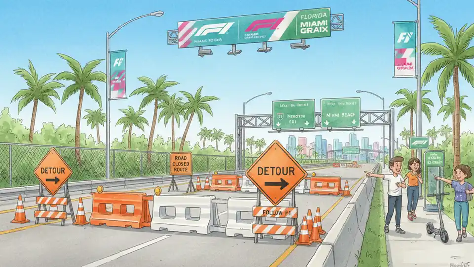 Turnpike exit ramp with road closure barriers and detour signage for F1 Miami Grand Prix