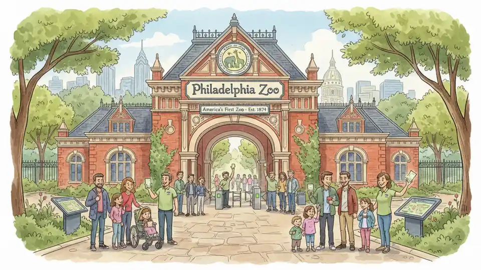 Philadelphia Zoo entrance with visitors showing admission tickets