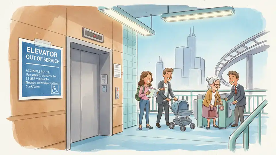 CTA elevator out of service sign with accessibility information posted at rail station