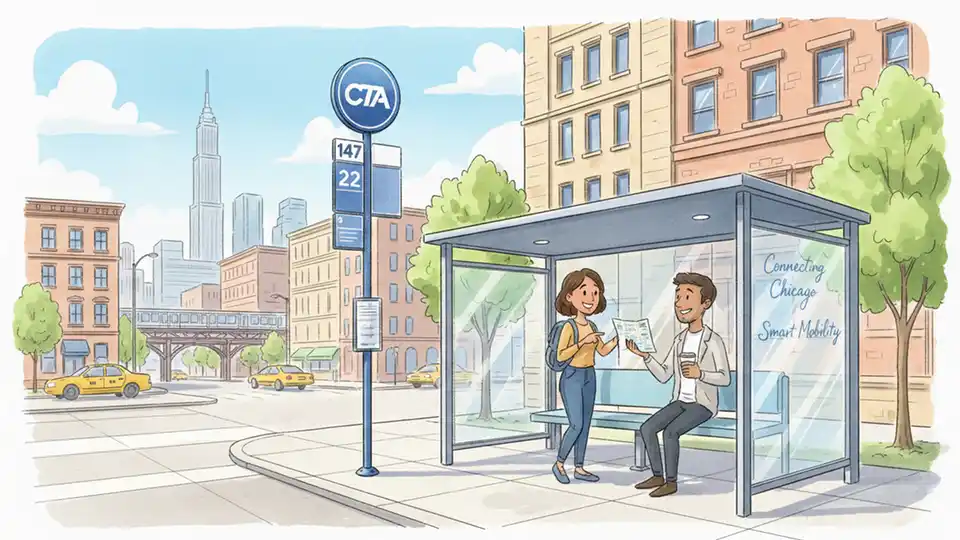 CTA bus stop sign and shelter on a Chicago street corner with route number posted