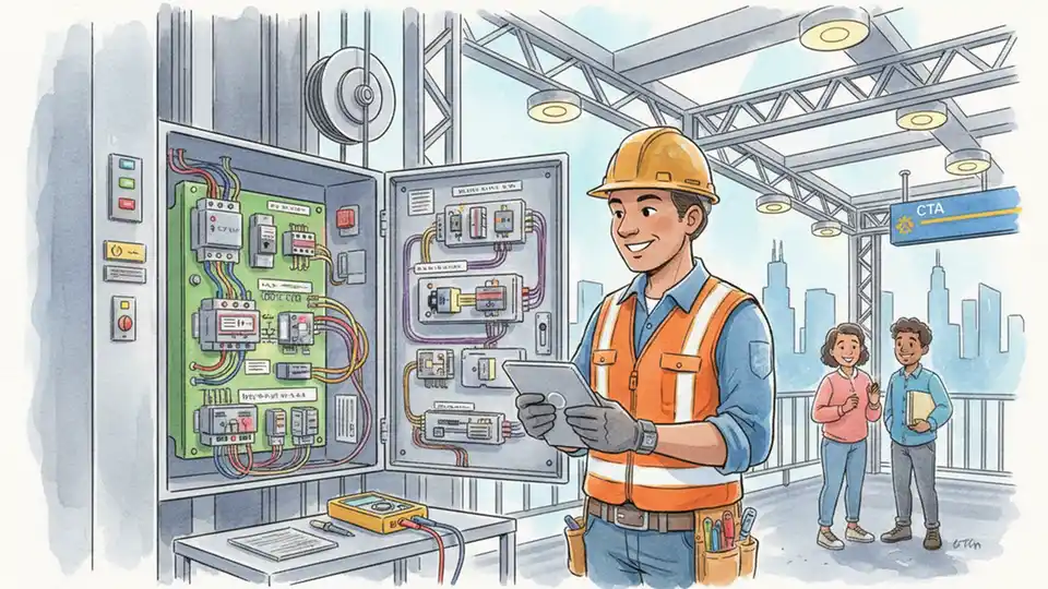 CTA elevator maintenance technician inspecting elevator equipment at rail station, showing diagnostic tools and control panel