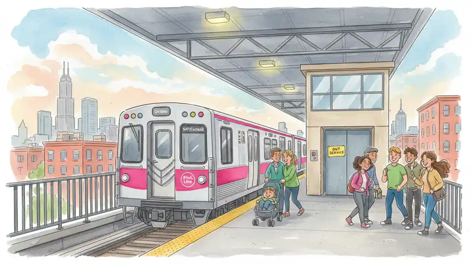 CTA Pink Line train at California station platform with elevator entrance visible in background, showing out-of-service signage