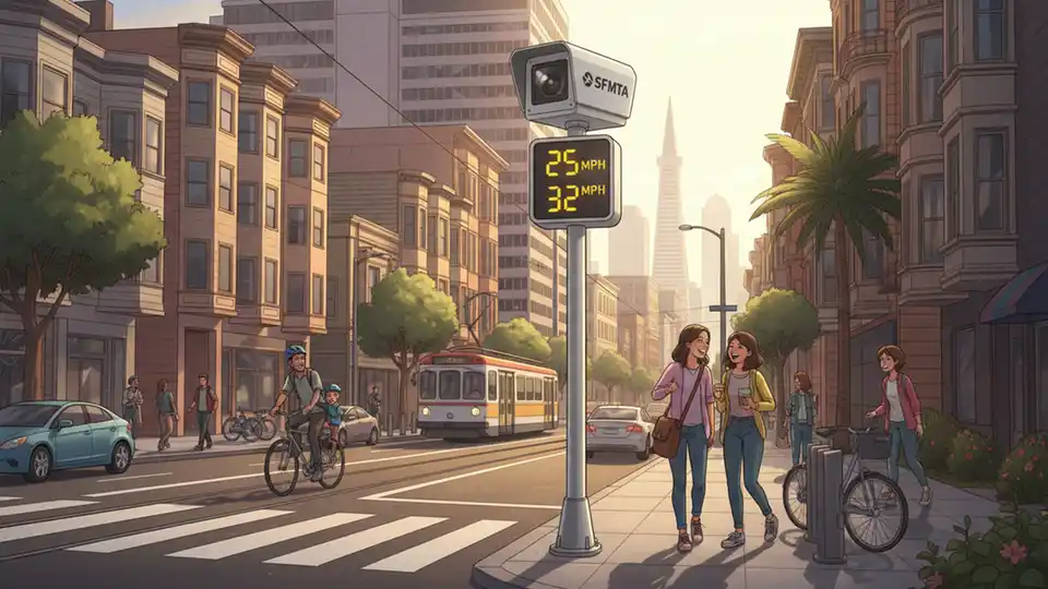 San Francisco Municipal Transportation Agency speed enforcement camera with digital display showing speed limit on urban street