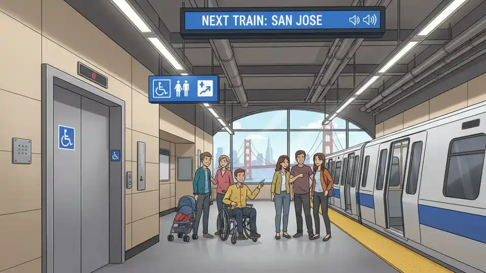 BART station platform with elevator and accessibility signage, showing alternative access point for riders with mobility needs
