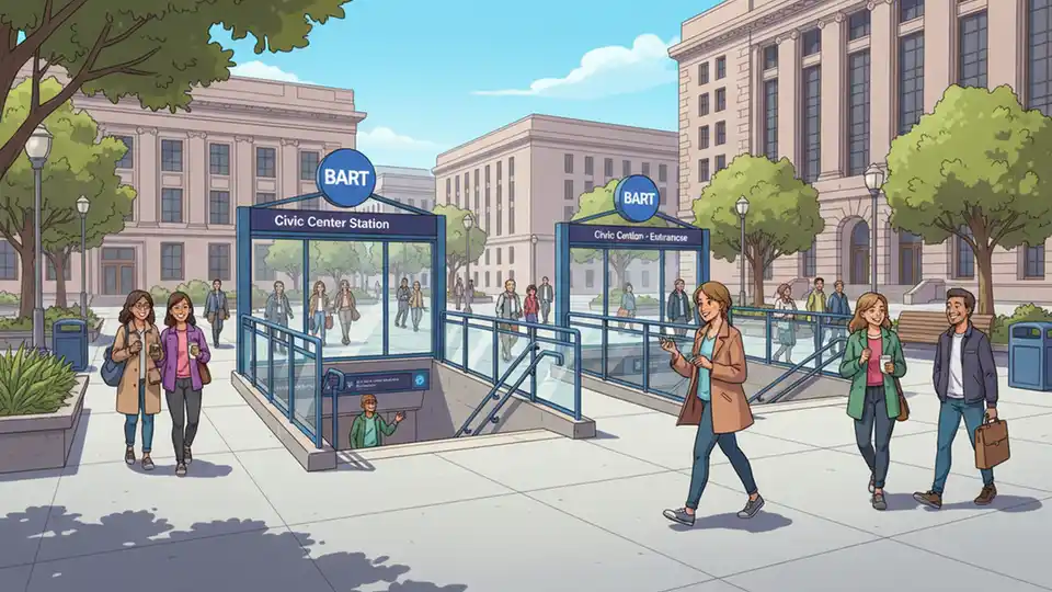 BART station entrance with multiple access points visible, showing alternative entrances and station signage, daytime urban setting with pedestrians, wide angle view of Civic Center Station area
