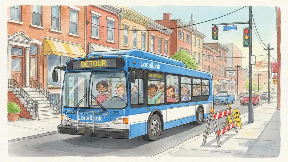 MTA LocalLink bus navigating detour route in Baltimore area, showing bus in motion on city street with passengers visible through windows