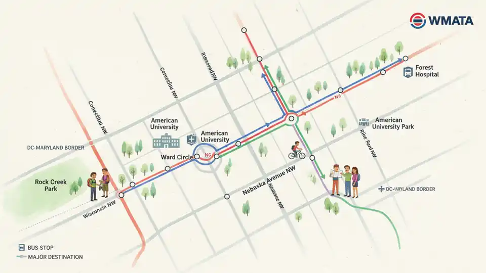 WMATA bus route map showing Nebraska Avenue NW corridor with multiple bus stops marked in northwest Washington DC
