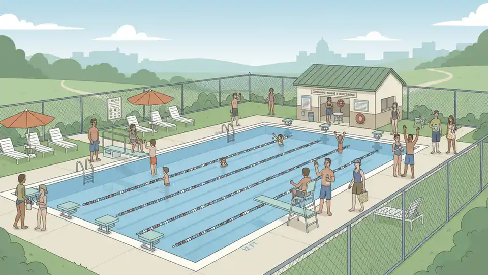Public swimming pool facility with lane markers and diving area