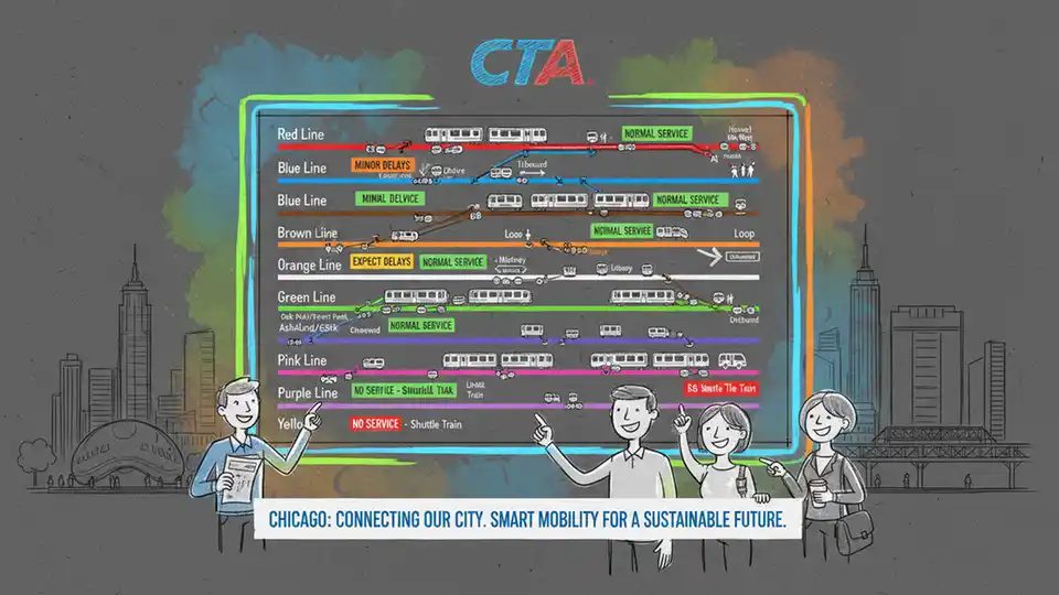 CTA train control board showing multiple rail lines with service status indicators