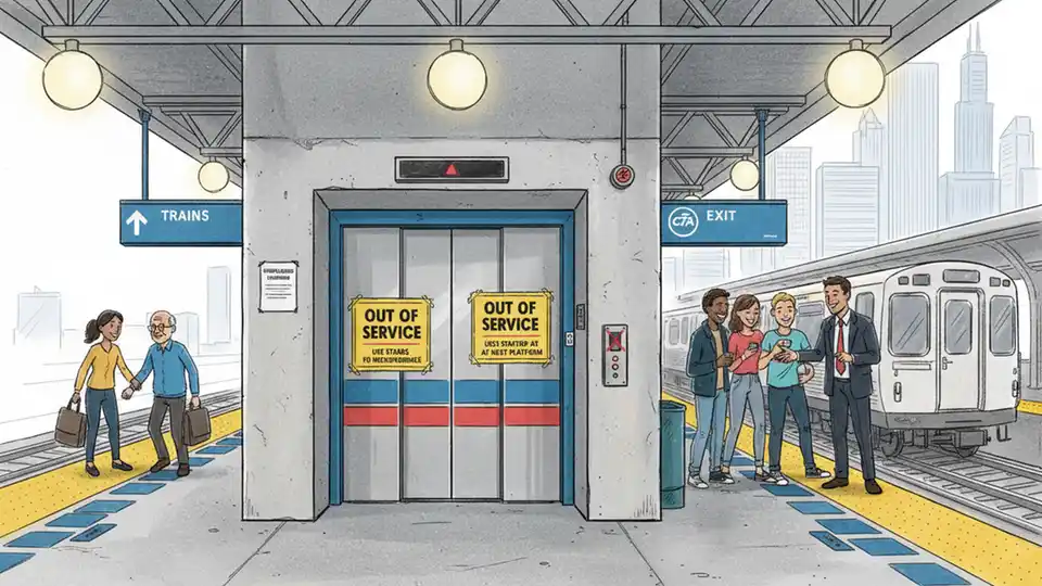 Elevator entrance at Chicago CTA station platform with out of service signage