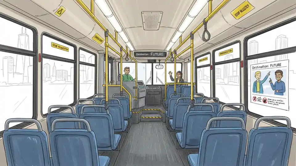 Interior of public transit bus with empty seats and safety signage visible
