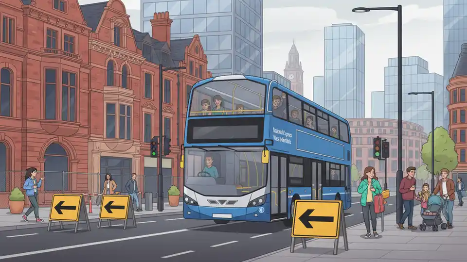 Birmingham bus on urban street with road diversion signs visible, showing typical route through city streets with historic buildings and modern infrastructure in background