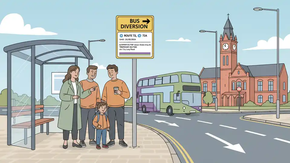 Bus route diversion sign at transit stop with schedule information displayed