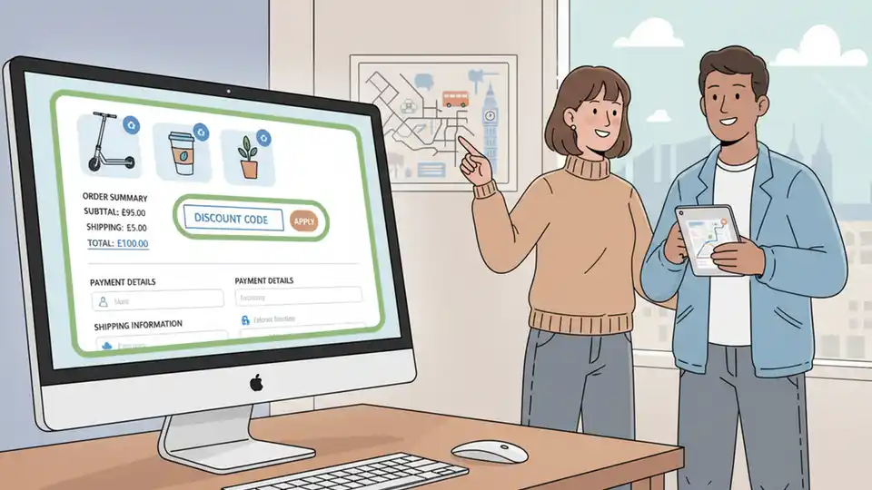 Computer screen showing online shopping checkout page with discount code field highlighted