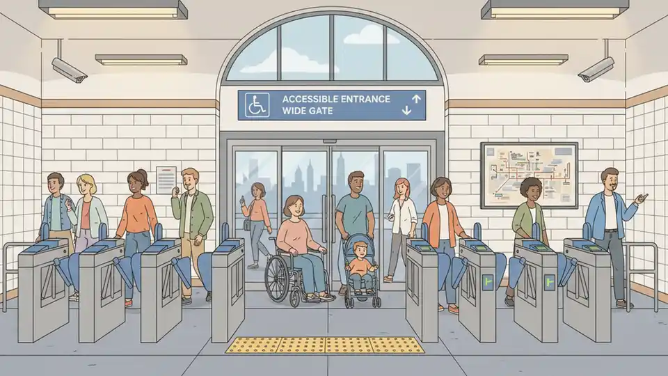 Accessible fare gate at PATH station with clear signage for passengers with disabilities