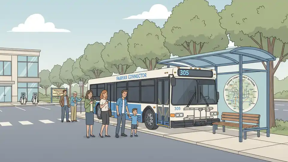 Fairfax Connector bus at suburban transit stop with route map visible in background
