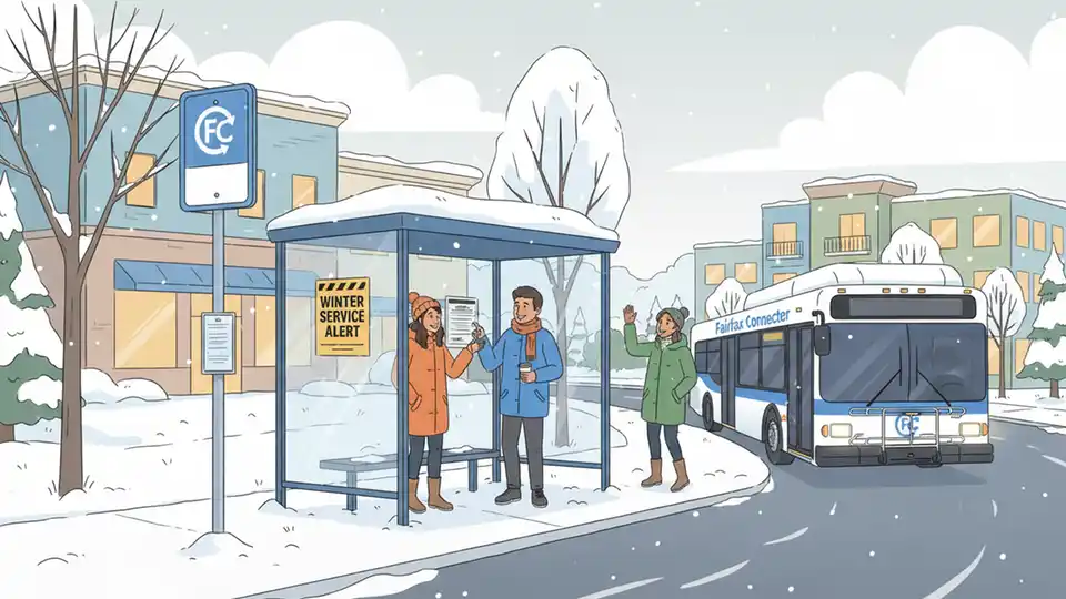 Fairfax Connector bus stop with snow accumulation and winter weather signage