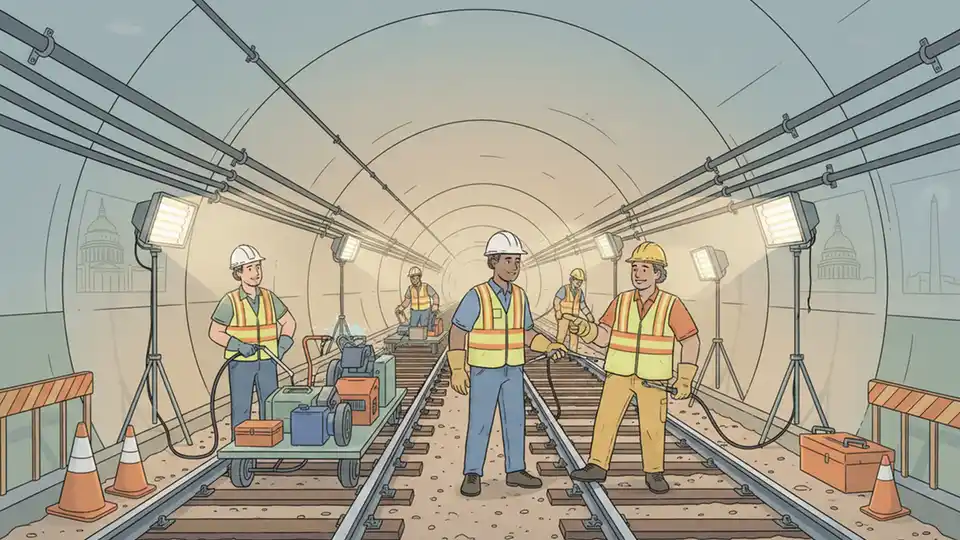 Metro Subway track maintenance work at night with workers in safety vests and equipment along rail line