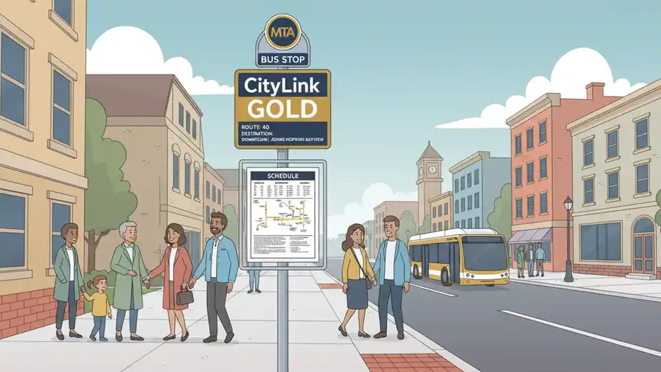 MTA bus stop sign for CityLink Gold route with schedule information displayed