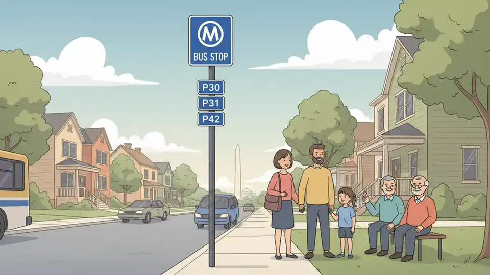 WMATA bus stop sign showing route numbers P30, P31, and P42 on residential street