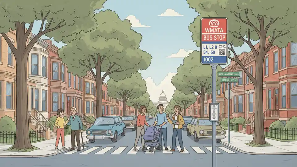 WMATA bus stop sign showing route number and stop ID on New Hampshire Avenue NW in Washington DC, with residential neighborhood visible in background