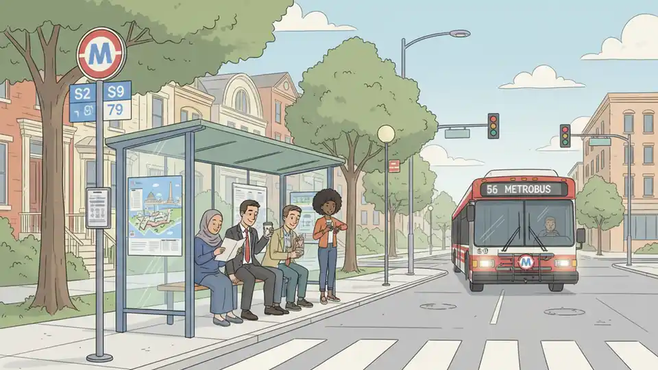 Bus stop sign and shelter on urban street with directional signage, Washington DC Metro bus approaching in distance