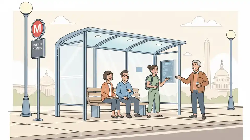 Modern bus shelter with translucent walls and LED lighting at Metro station