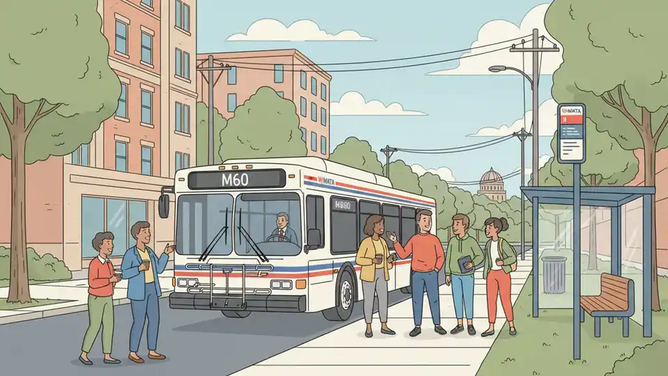 WMATA M60 bus stopped at a street-side bus stop on New Hampshire Avenue with passengers waiting to board