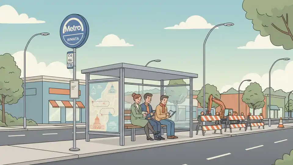Bus stop sign and shelter on New Hampshire Avenue with construction barriers visible in background