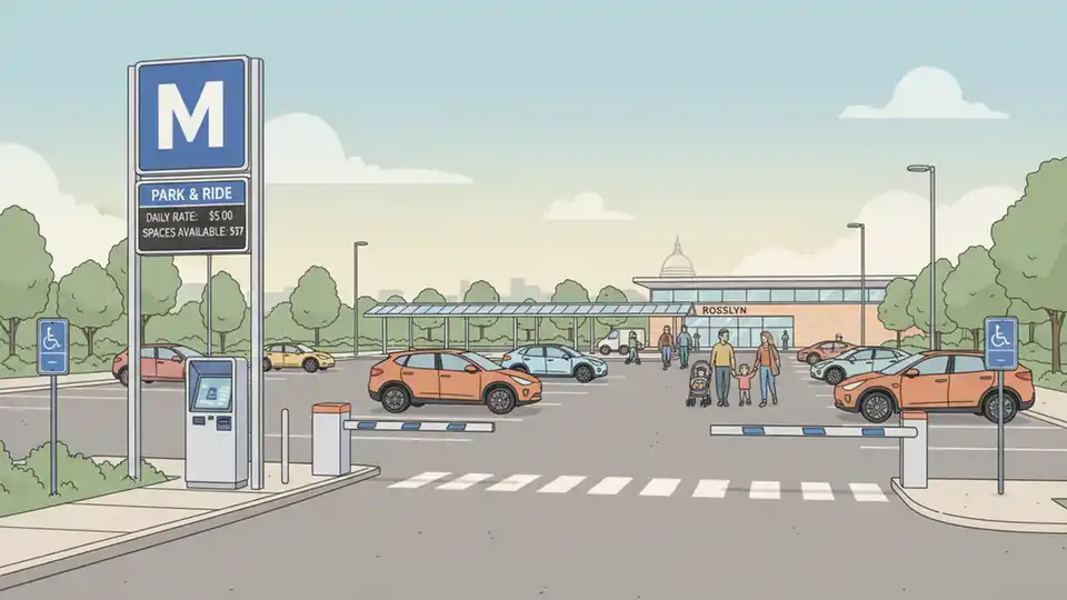 Metro Park & Ride lot entrance with parking rate signage and available spaces at transit station