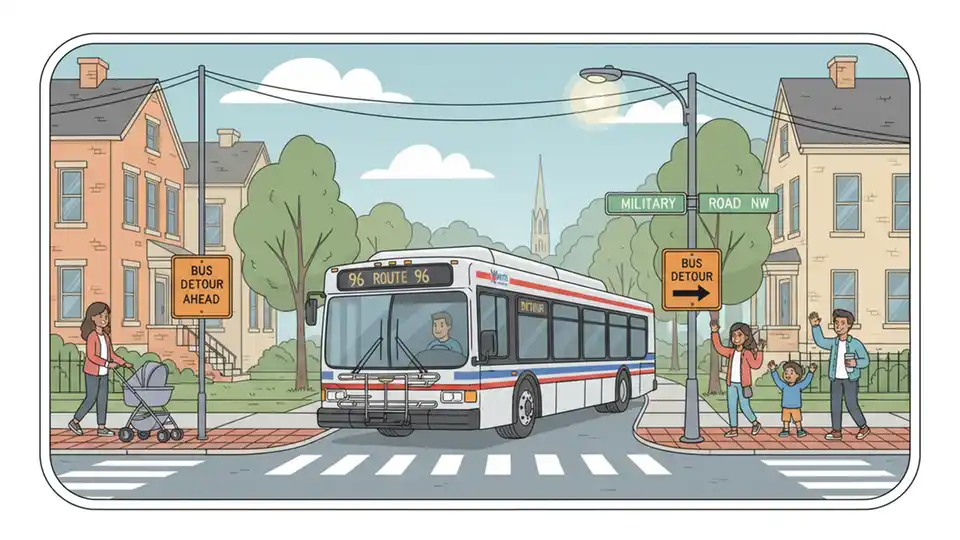 WMATA bus navigating a detour route on Military Road NW in Washington DC, showing the bus in motion with street signs and urban infrastructure visible