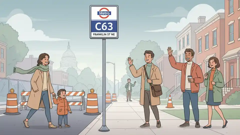 Metro bus stop sign on Franklin Street NE showing C63 route marker, with construction barriers visible in background indicating active work zone