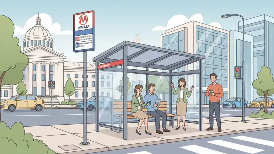 WMATA bus stop sign and shelter on downtown DC street with passengers waiting