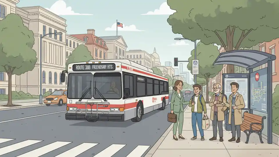 Washington DC Metro bus approaching bus stop on Pennsylvania Avenue with passengers waiting