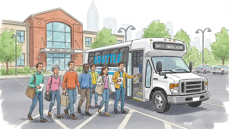 Shuttle bus at Atlanta community center with parking lot and residents boarding for short trip to nearby police town hall meeting