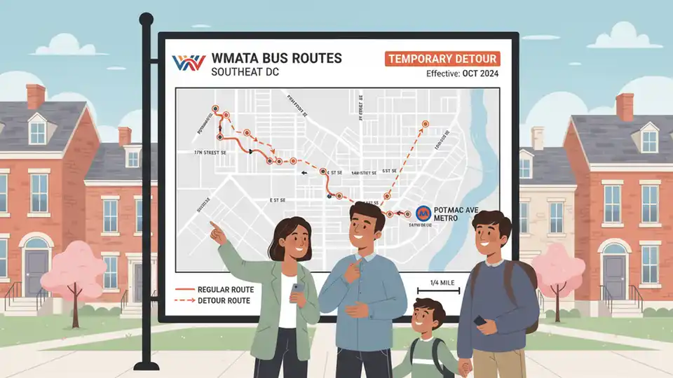 WMATA bus route map showing detour path on 17th Street SE near Potomac Avenue in Southeast Washington