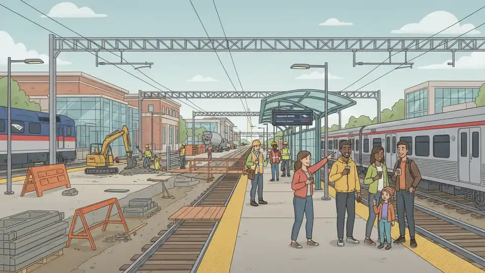 Amtrak train platform at commuter rail station showing platform construction and modernization work
