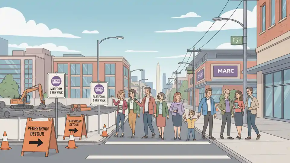 Pedestrian detour route along Ripley Street with directional signage leading to MARC platform