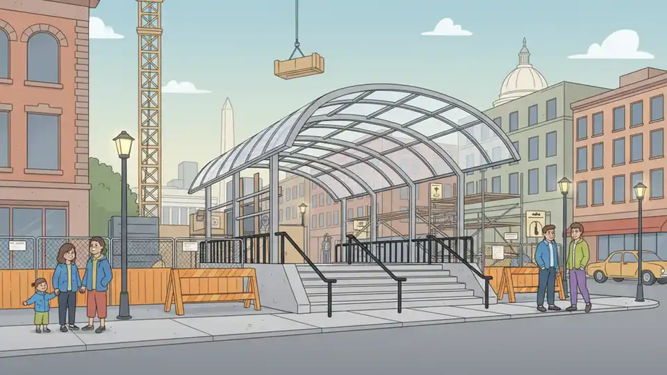 Metro station entrance canopy construction showing protective weather covering and new stairway installation at urban subway station