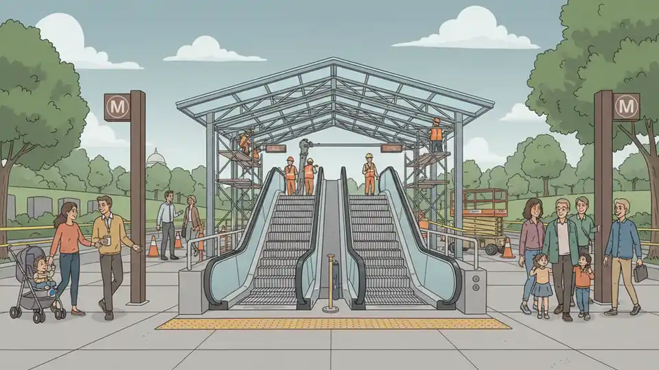 Metro station entrance with escalator and construction equipment visible, workers installing protective canopy structure above escalator at Arlington Cemetery station