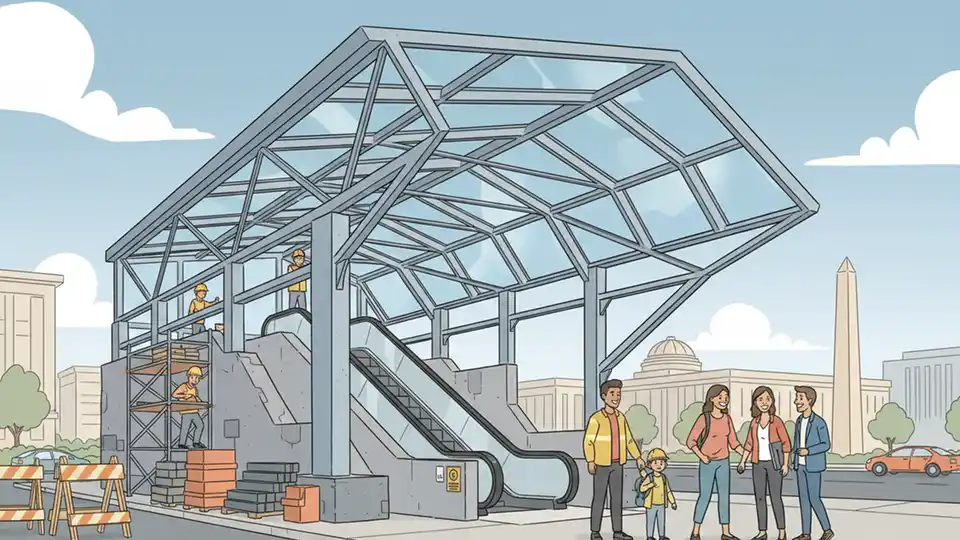 Close-up view of Metro station canopy construction showing steel framework and glass skylight panels being installed above escalator entrance