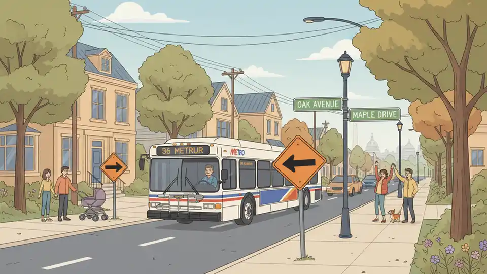 Metro bus navigating detour route on suburban Northern Virginia road with directional signage visible