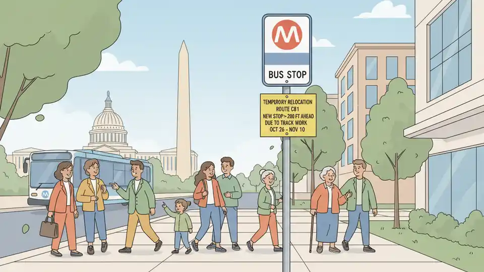 WMATA bus stop sign showing temporary relocation notice with route C81 information