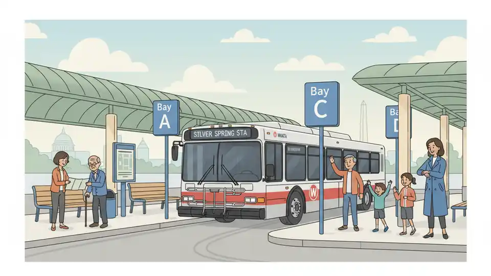 WMATA Metro bus pulling into station bus bay with lettered bay signs visible