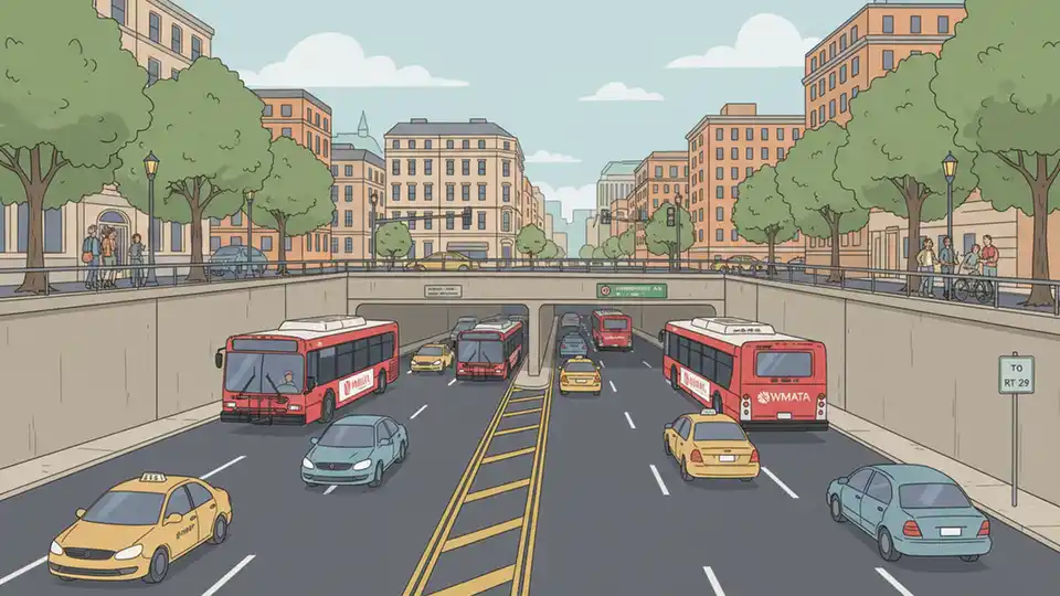 Connecticut Avenue underpass entrance near Dupont Circle showing typical bus traffic flow